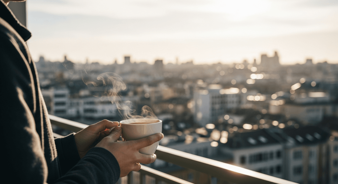 Person genießt Kaffee auf Balkon