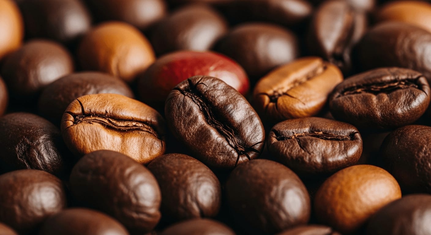 Detailaufnahme von Kaffeebohnen mit verschiedenen Texturen und Farben, Makroobjektiv, Studiobeleuchtung.