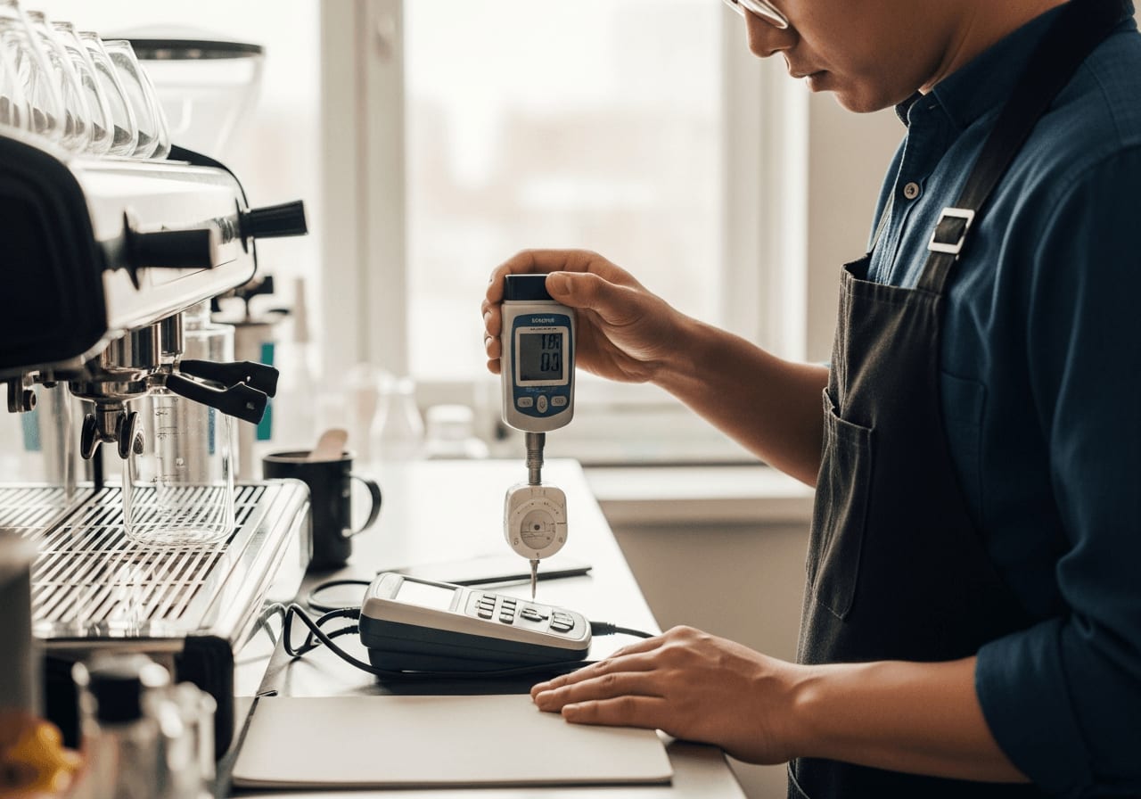 Professioneller Barista, der in einer hellen Laborumgebung den Säuregehalt von Kaffee mit einem digitalen Messgerät misst.