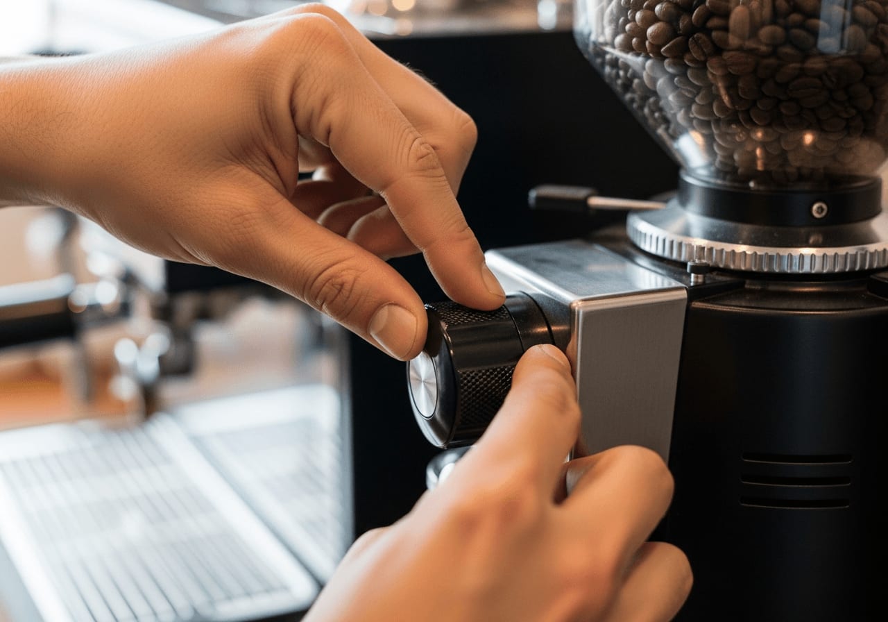 Nahaufnahme eines Barista, der den Mahlgrad an einer professionellen Kaffeemühle einstellt, selektiver Fokus, Artisan-Coffee-Shop-Umgebung.