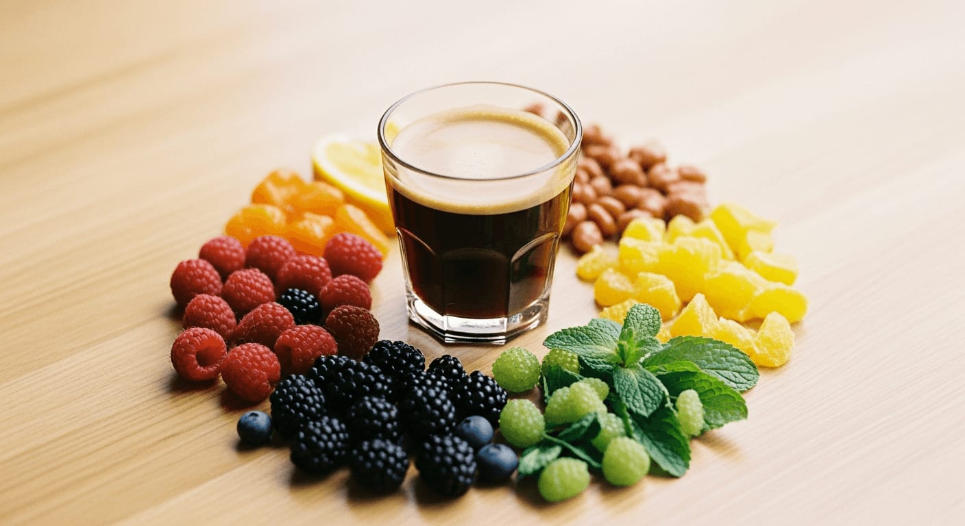 Eine Vielzahl von farbenfrohen Fruchtsirups, die um ein Glas Kaffee angeordnet sind und eine lebendige und einladende Komposition schaffen, weicher Fokus