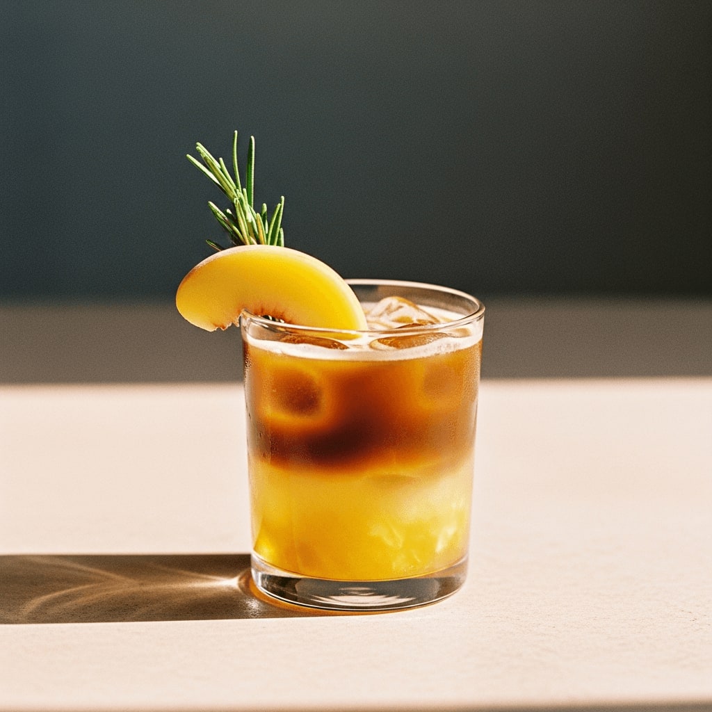 Glas Eiskaffee mit Yuzu- und Pfirsichsirup, garniert mit einer Pfirsichscheibe und einem Rosmarinzweig