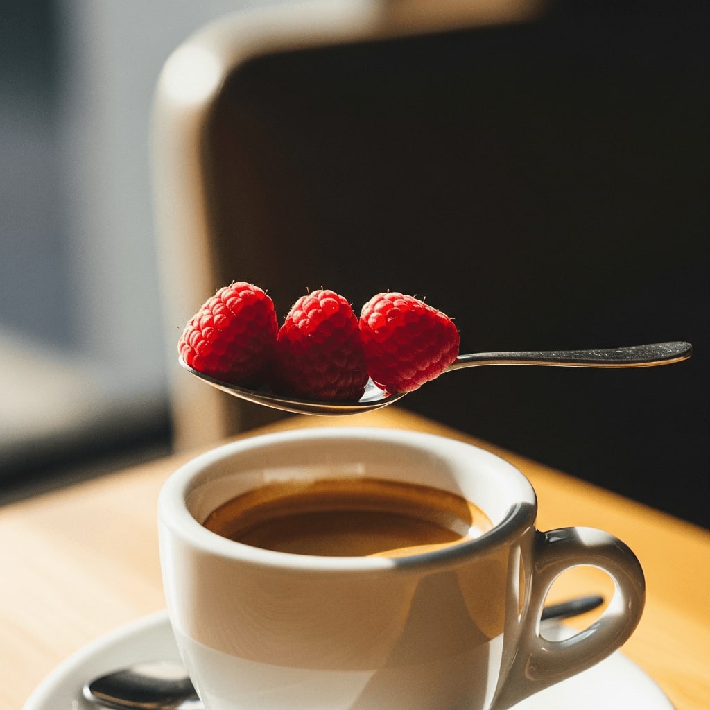 Espresso mit Himbeersirup, garniert mit frischen Himbeeren auf einem Silberlöffel