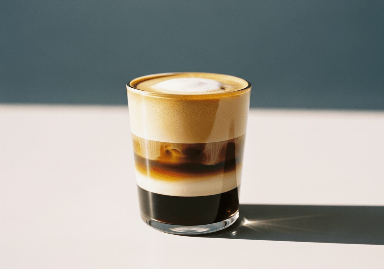 Ein klares Glas gefüllt mit einem geschichteten Kaffeegetränk, das den dunklen Kaffee am Boden, den Sirup in der Mitte und die schaumige Milch oben zeigt, wodurch ein optisch ansprechender Effekt entsteht