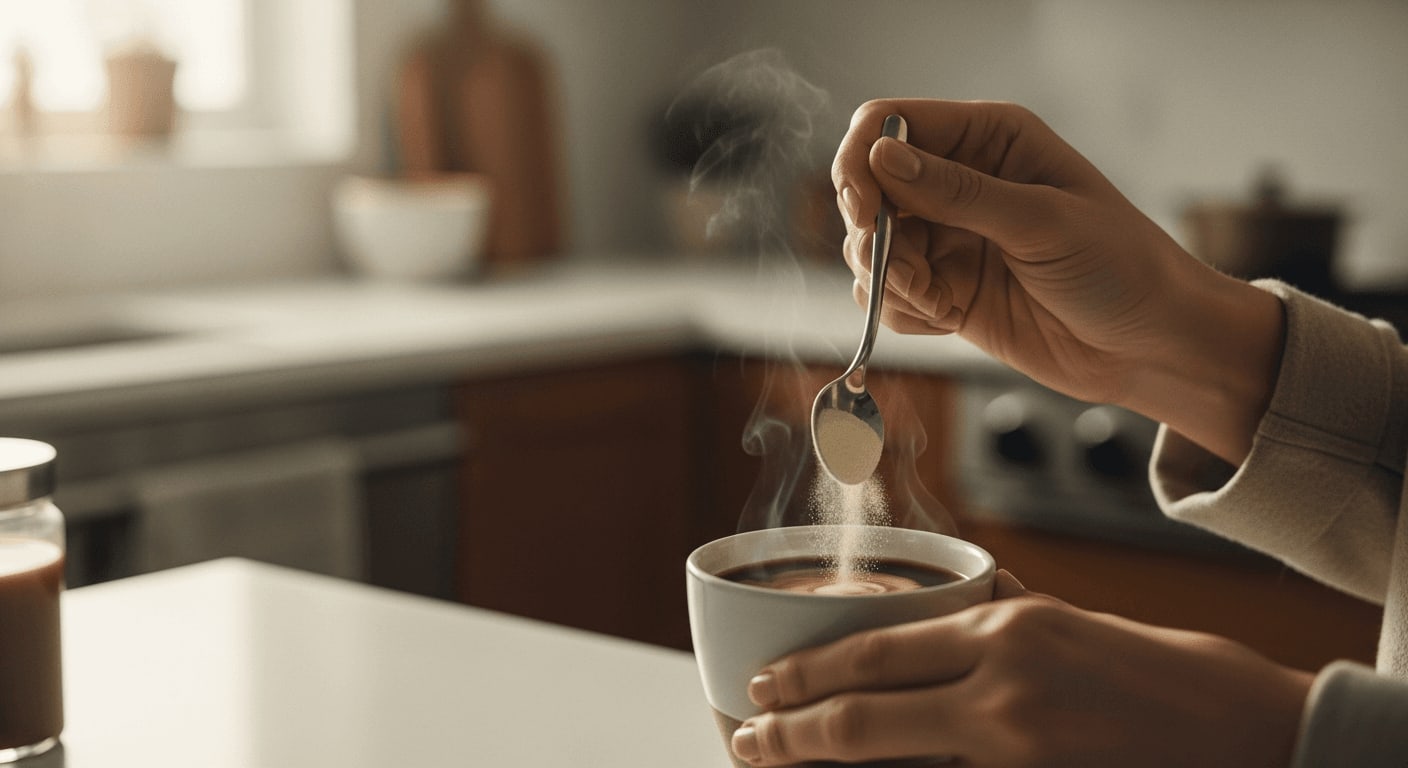 Eine Person rührt Kollagenpulver in einer hellen, modernen Küche in eine Tasse Kaffee ein, kinoreife Ansicht