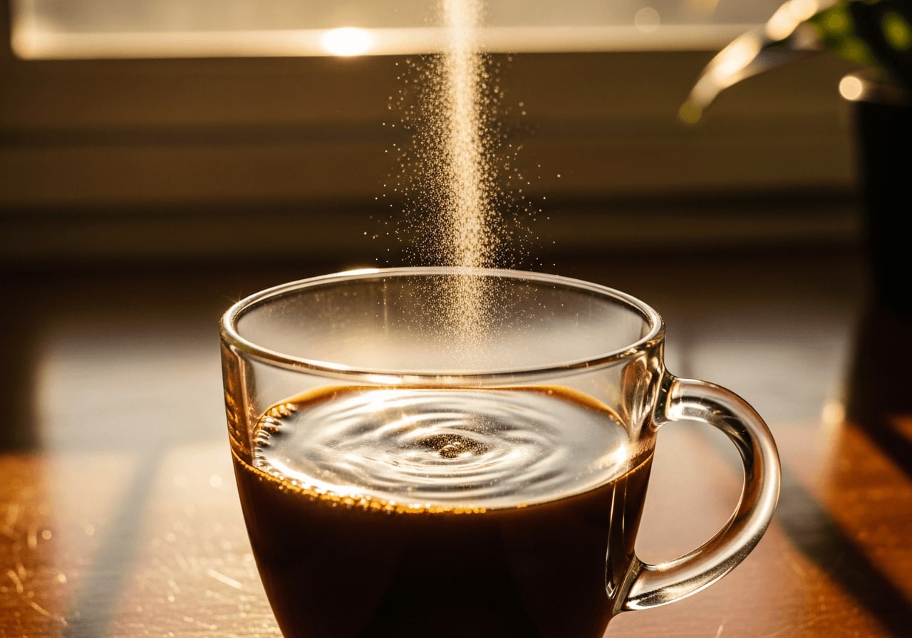 Nahaufnahme von Kollagenpulver, das in Kaffee in einem durchsichtigen Glasbecher gegeben wird, Sonnenlicht strömt durch ein Fenster