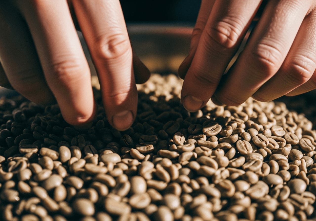 Nahaufnahme von grünen Kaffeebohnen, die sortiert werden, natürliches Licht, geringe Schärfentiefe