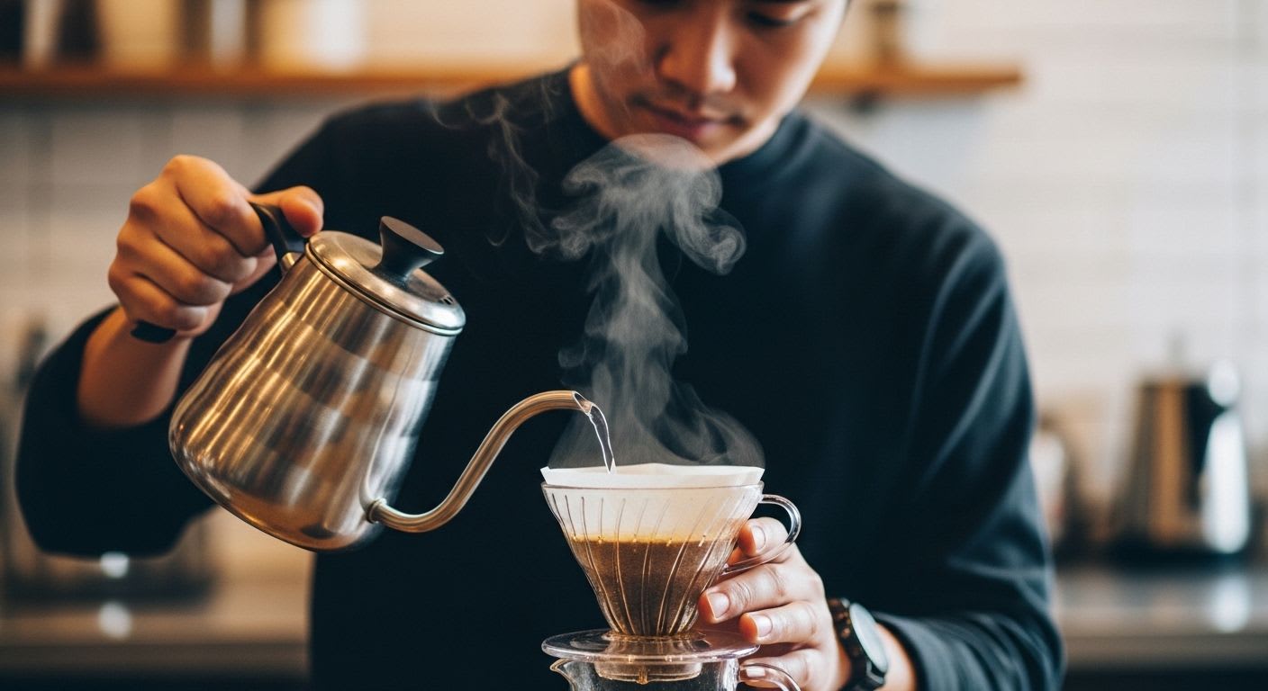 Achtsame Hände gießen heißes Wasser in einen V60-Handfilter, Dampf steigt auf, symbolisierend das Ritual von Kaffee und Achtsamkeit.