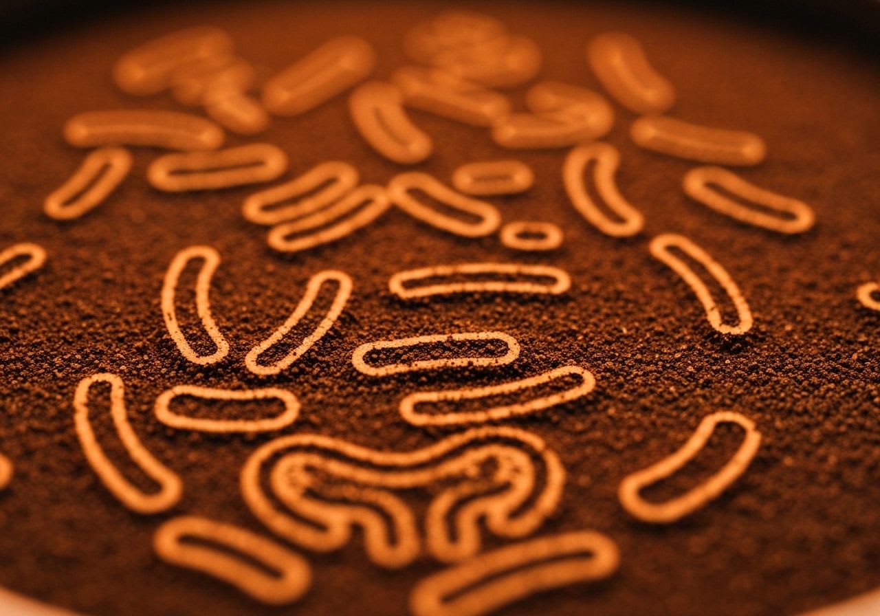 Makroaufnahme von Kaffeepulver mit stilisierten Darmbakterien, symbolisiert die komplexe Verbindung von Kaffee und Darmgesundheit.