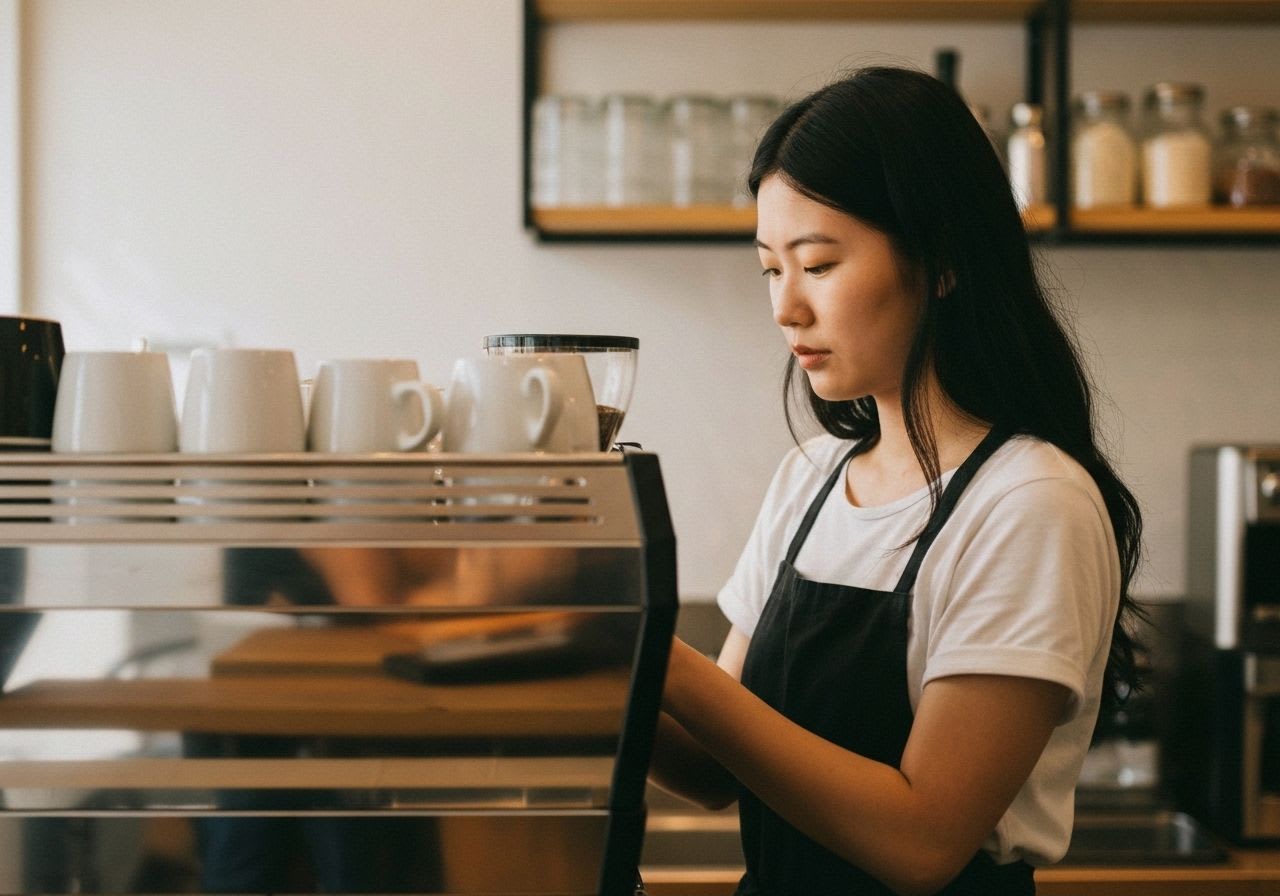 Barista justiert den Mahlgrad von Kaffeebohnen, Hände am Mahlwerk, für die ideale Balance von Kaffee und Darmgesundheit.