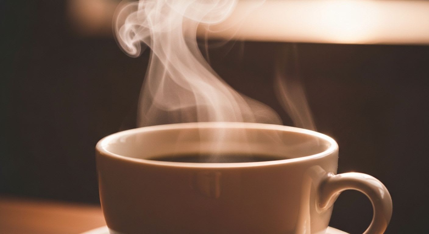 Eine dampfende Tasse entkoffeinierten Kaffees in gemütlicher Atmosphäre.