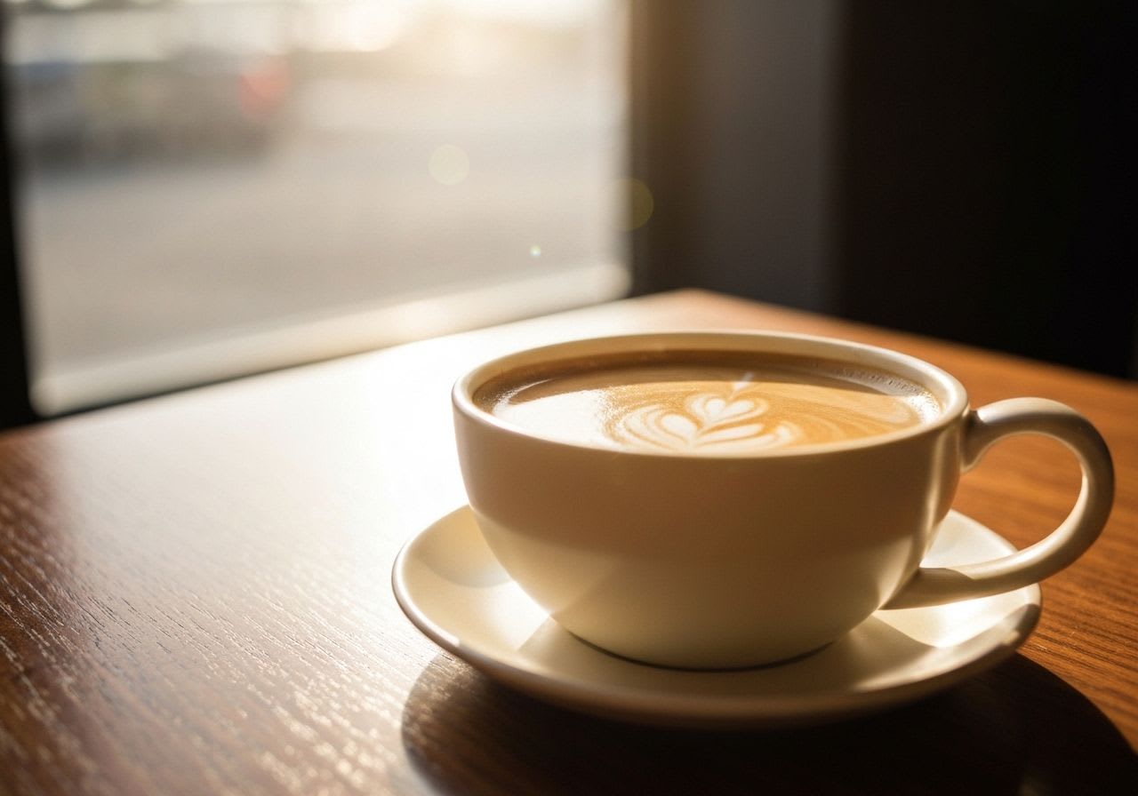 Nahaufnahme einer dampfenden Kaffeetasse auf Holztisch mit Sonnenlicht.
