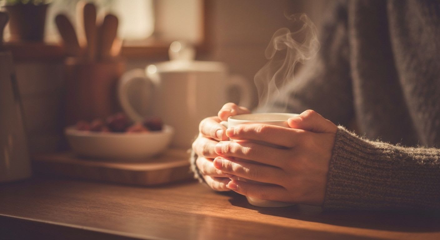 Eine Person hält eine Tasse entkoffeinierten Kaffee in ruhiger Umgebung, symbolisiert das bewusste Ritual für mentale Gesundheit.