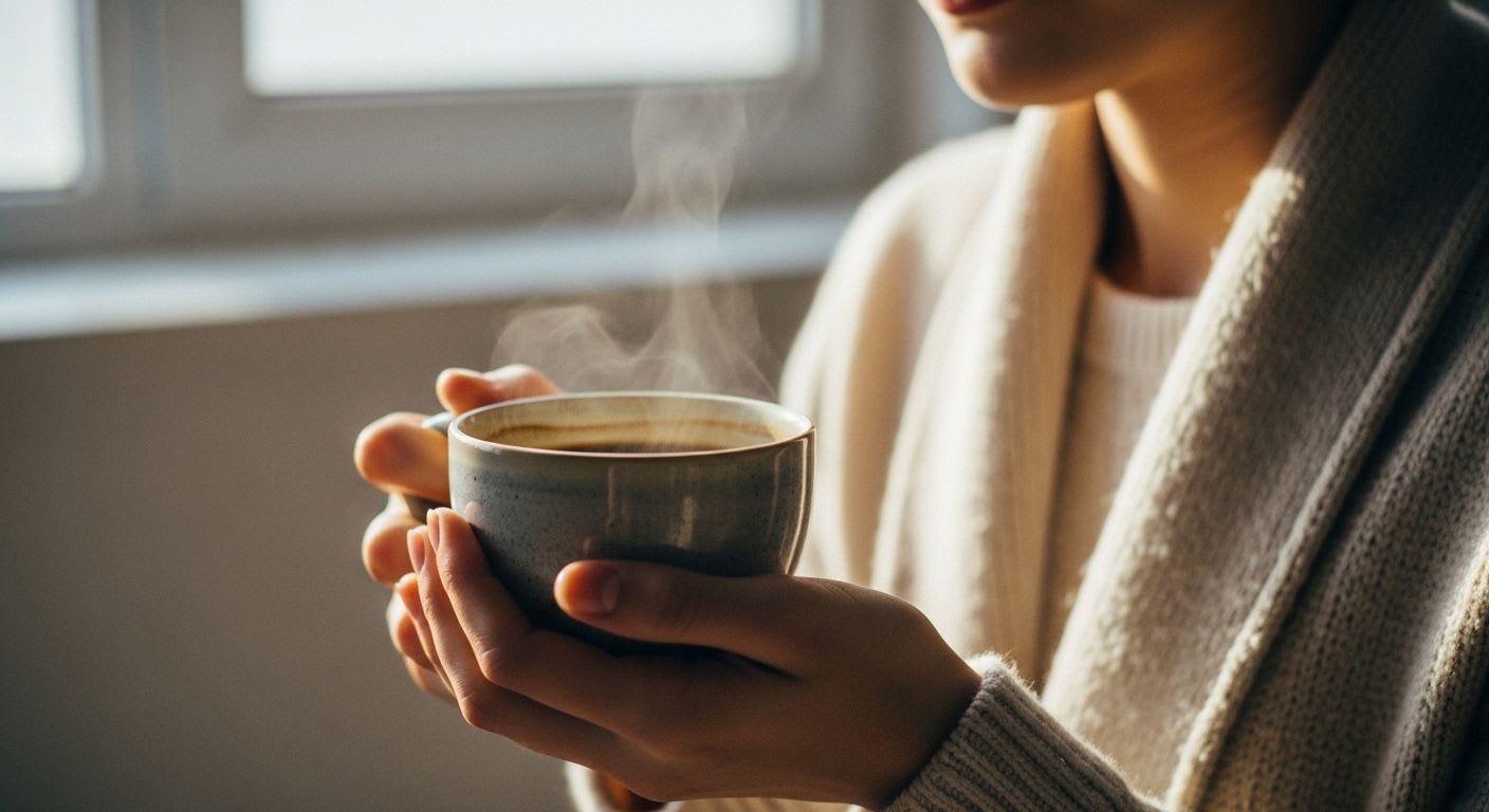 Hände umschließen eine warme Keramiktasse Kaffee im sanften Morgenlicht, die den Einfluss von Kaffee auf mentale Gesundheit und Stimmung zeigt.