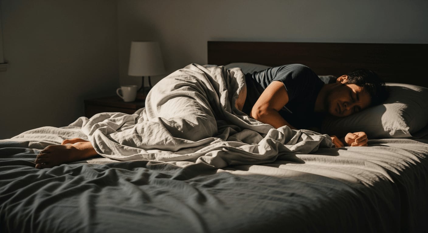 Eine Person wälzt sich schlaflos im Bett, mit einer schwachen Kaffeetasse im Hintergrund, filmisch