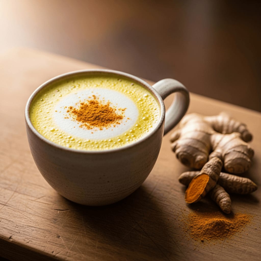 Goldene Milch (Kurkuma Latte) in einer Keramiktasse, mit Gewürzen wie Kurkuma und Ingwer auf einer Holzoberfläche, warmes Licht