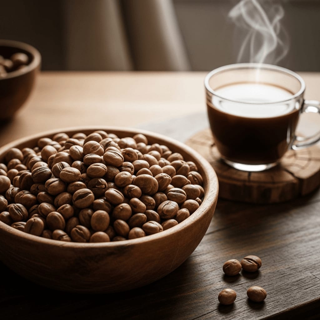 Lupinenkaffeebohnen in einer Holzschale mit einer Tasse gebrühtem Lupinenkaffee, rustikale Umgebung
