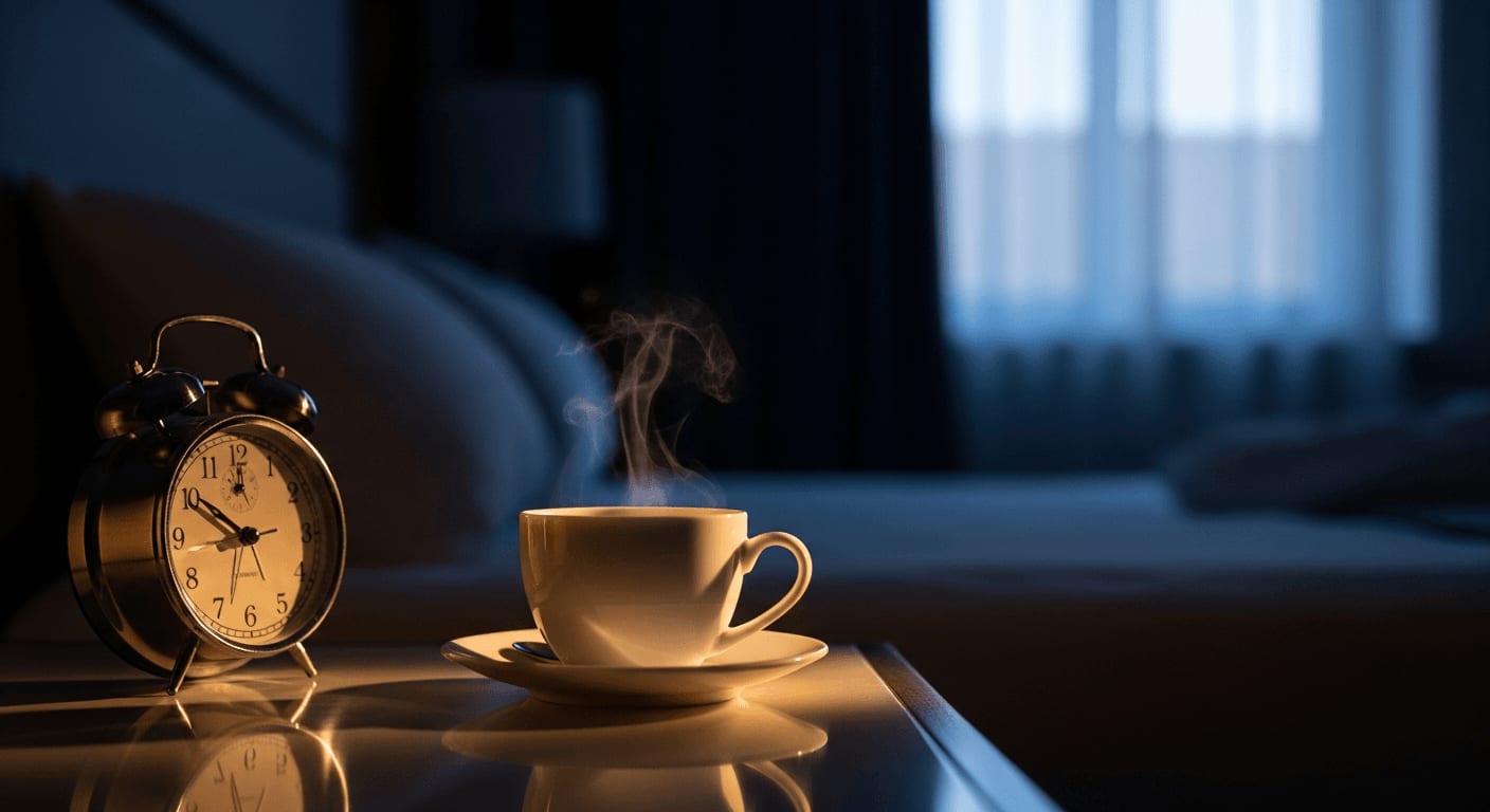 Morgendliche Kaffeetasse mit Sonnenlicht und Wecker neben einem dunklen Schlafzimmer in der Nacht