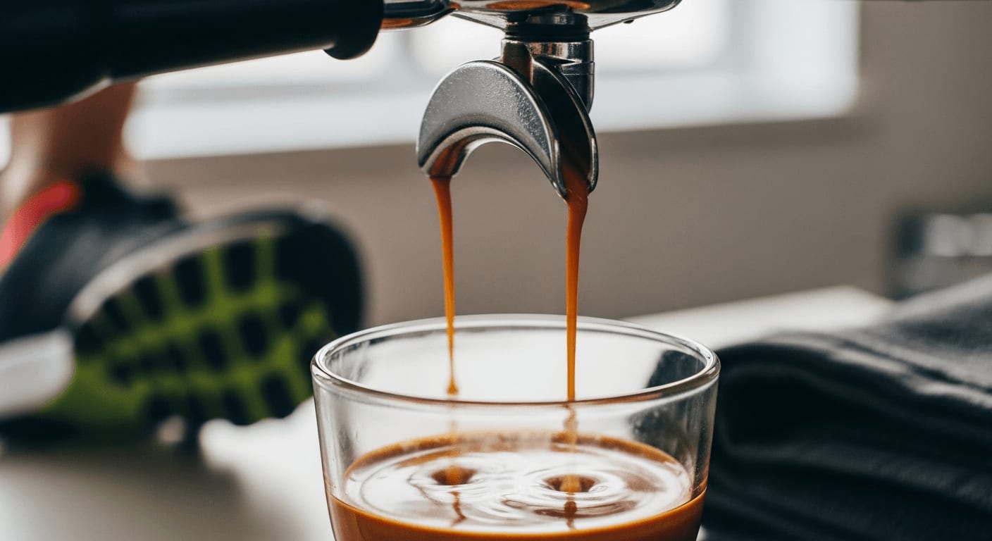Kaffee vor dem Sport Koffein Timing: Frischer Espresso tropft in ein Glas, im Hintergrund eine Laufmontur.