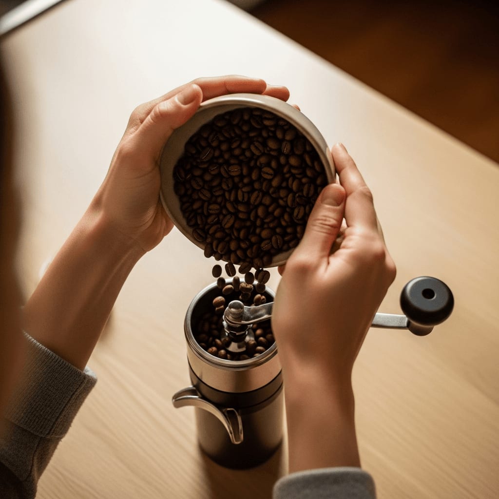 Vorbereitung für den Pre-Workout-Booster: Hände füllen frische Kaffeebohnen in eine manuelle Kaffeemühle.