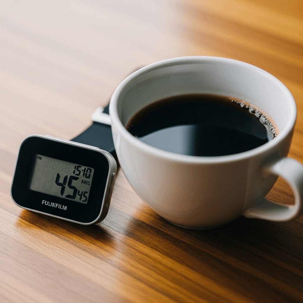 Das perfekte Kaffee vor dem Sport Koffein Timing: Digitale Stoppuhr neben einer frisch gebrühten Tasse schwarzem Kaffee.