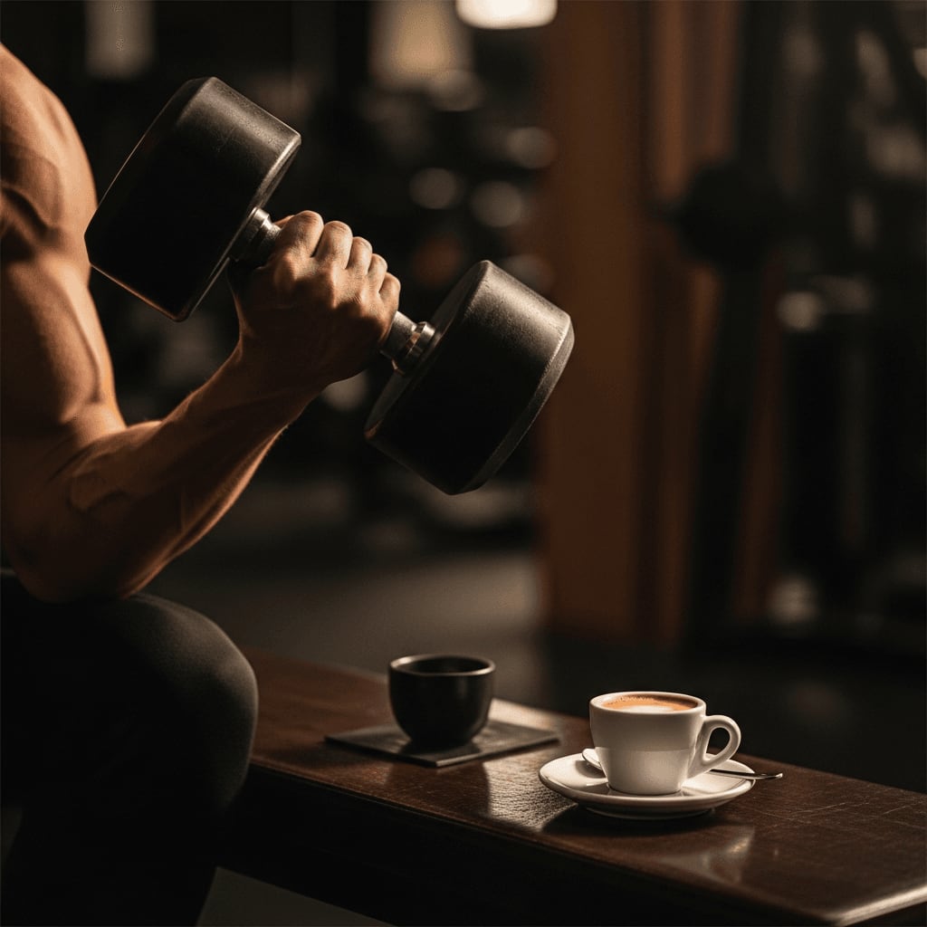 Leistungssteigerung durch Kaffee und Sport: Muskulöser Arm hebt eine Kurzhantel, daneben eine Espressotasse auf der Bank.