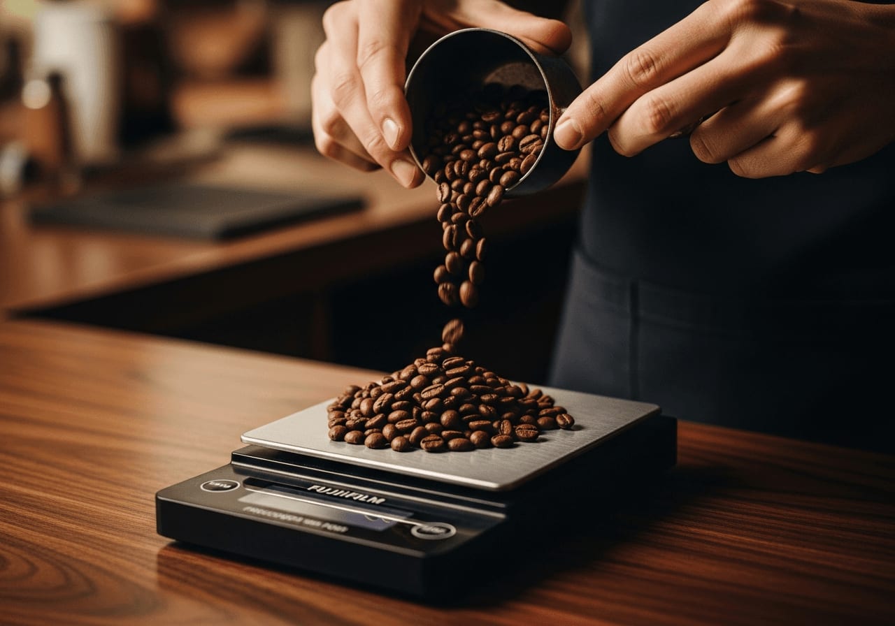 Richtige Dosierung für Kaffee und Sport: Barista wiegt dunkle Kaffeebohnen präzise auf einer digitalen Waage ab.