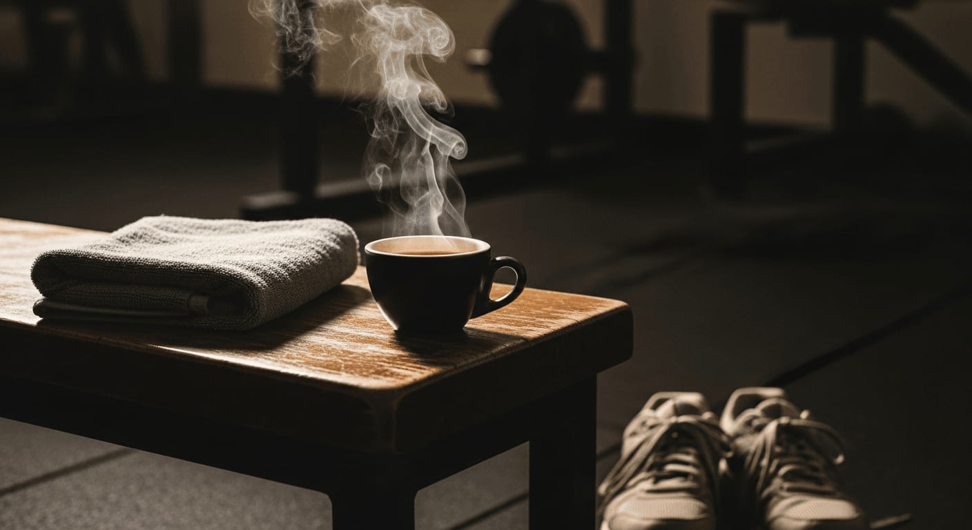 Optimales Timing für Kaffee und Sport: Dampfender Espresso in dunkler Keramiktasse auf einer Hantelbank neben Laufschuhen.