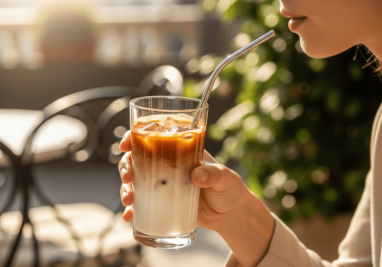 Person trinkt Iced Latte durch einen Edelstahl-Strohhalm, um Zahnverfärbungen durch Kaffee zu vermeiden.