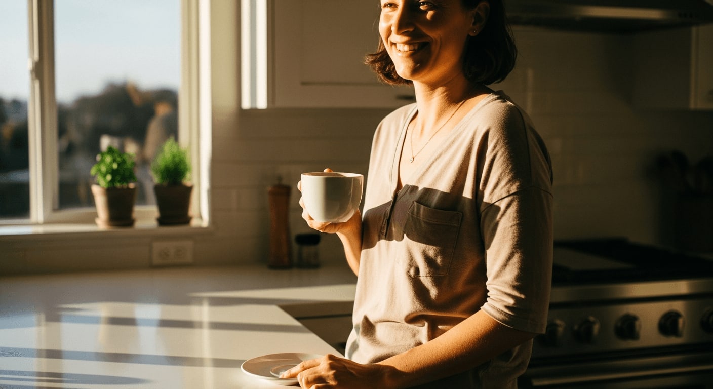 Strahlend weiße Zähne einer Person, die in einer modernen Küche einen Kaffee genießt, um Verfärbungen zu vermeiden.