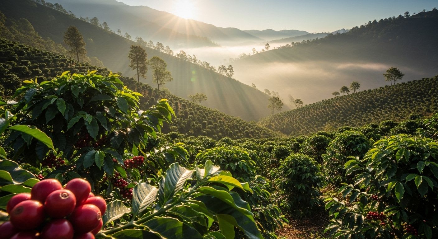 Panoramablick auf ein nebliges Kaffeeanbaugebiet in den Bergen bei Sonnenaufgang, eine Reise zu den Aromen des Kaffees.