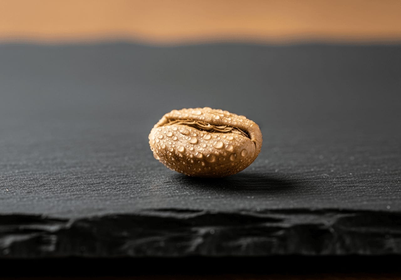 Eine einzelne helle Kaffeebohne mit feinen Kondenswassertropfen nach der Entnahme aus der Kühllagerung.
