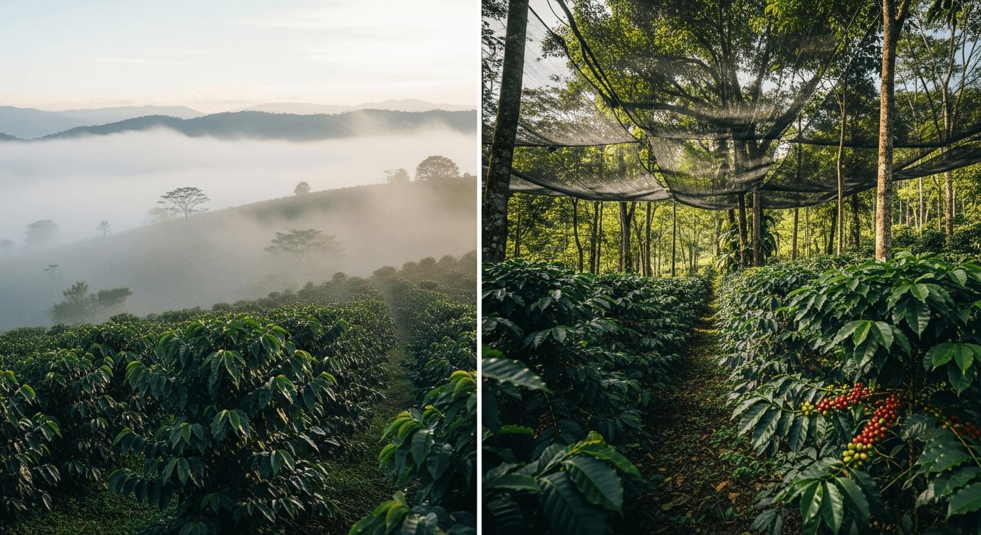 Neblige Kaffeeplantage im Hochland links und tropische Tieflandfarm rechts, Unterschiede im Anbau im Kaffeebohnen Guide.