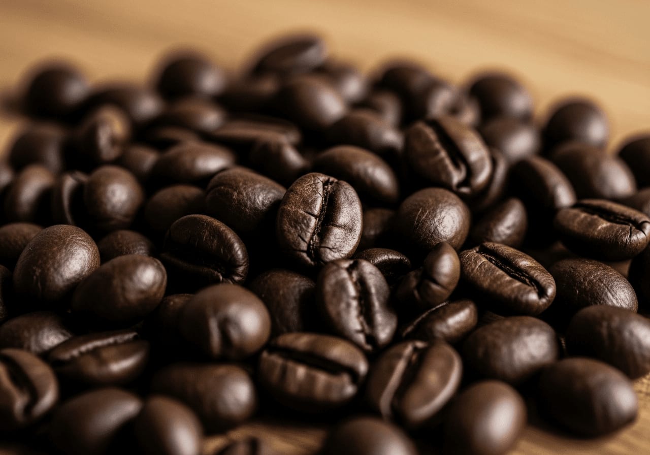 Dunkle, geröstete Robusta-Bohnen mit öliger, runder Form im Kaffeebohnen Guide.