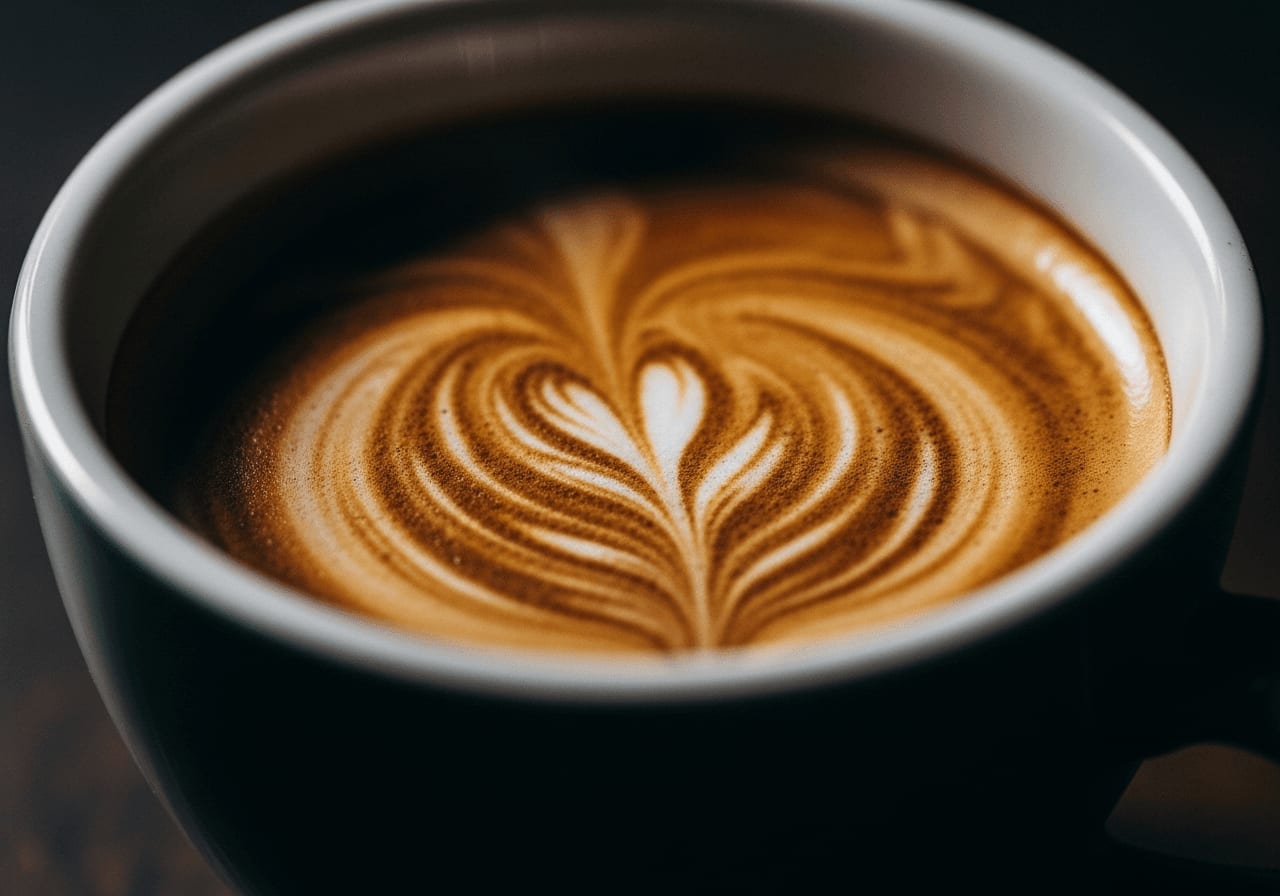 Nahaufnahme einer dicken, tigergestreiften Espresso-Crema in einer Keramiktasse, die Robusta-Bohne im Kaffeebohnen Guide betonend.