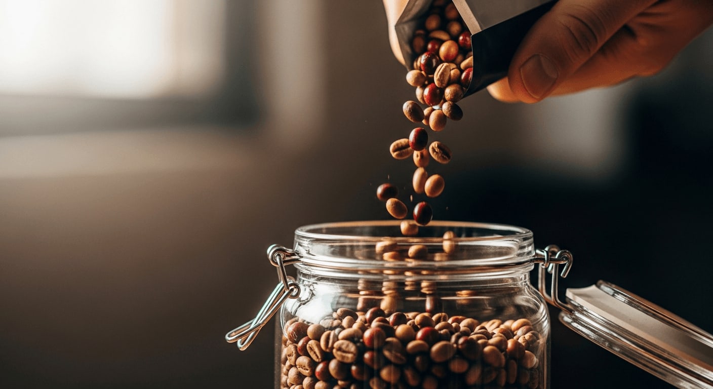 Nahaufnahme einer Hand, die Kaffeebohnen in einen durchsichtigen Glasbehälter gießt, wobei die lebhaften Farben und Texturen der Bohnen zur Geltung kommen