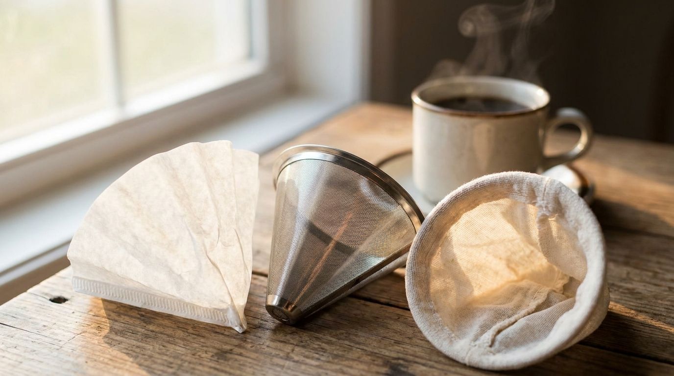Drei Kaffeefilter vor einer dampfenden Tasse Kaffee