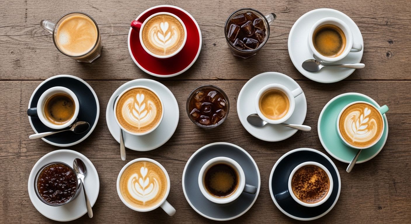 Eine Vielfalt an Kaffeegetränken und Rezepten in unterschiedlichen Tassen, die die Kunst der Kaffeezubereitung zelebrieren.
