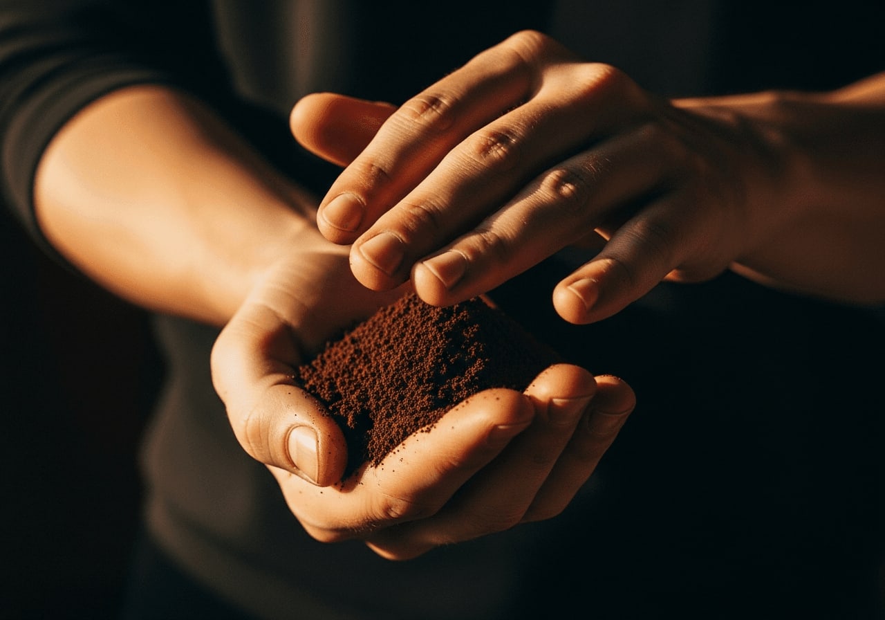 Hand hält eine Handvoll frisch gemahlenen Kaffee, dunkler Hintergrund