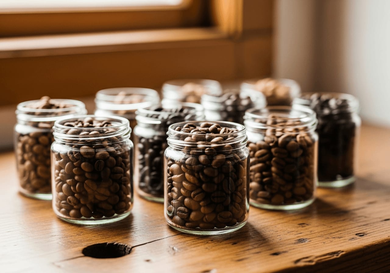 Kaffeebohnen unterschiedlicher Herkunft in kleinen Glasbehältern, hölzerner Hintergrund