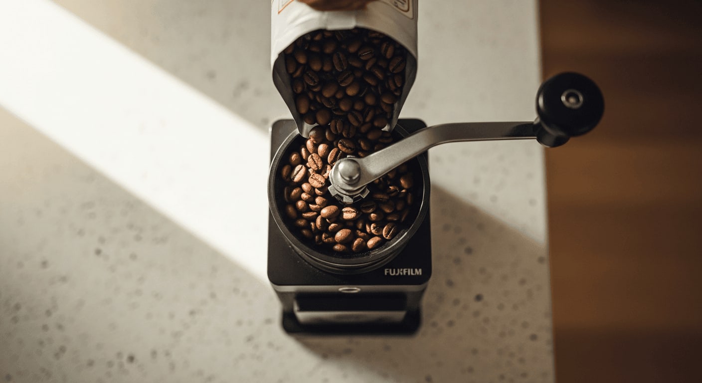 Draufsicht auf Kaffeebohnen, die in eine Handmühle gegossen werden, minimalistische Küchenumgebung, weiches Morgenlicht