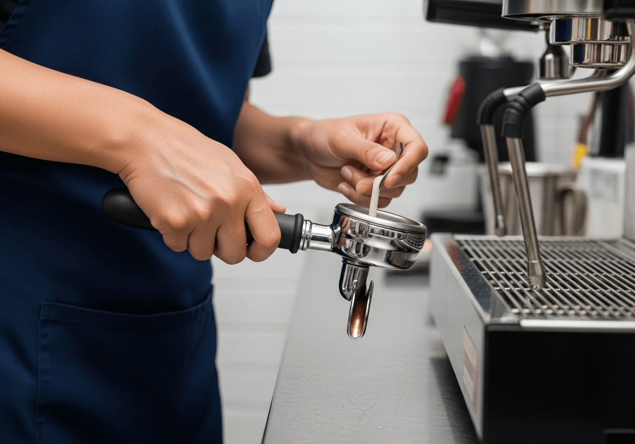 Nahaufnahme eines Barista, der den Siebträger einer Espressomaschine mit einer Bürste reinigt, Bokeh-Hintergrund, warmes Licht.