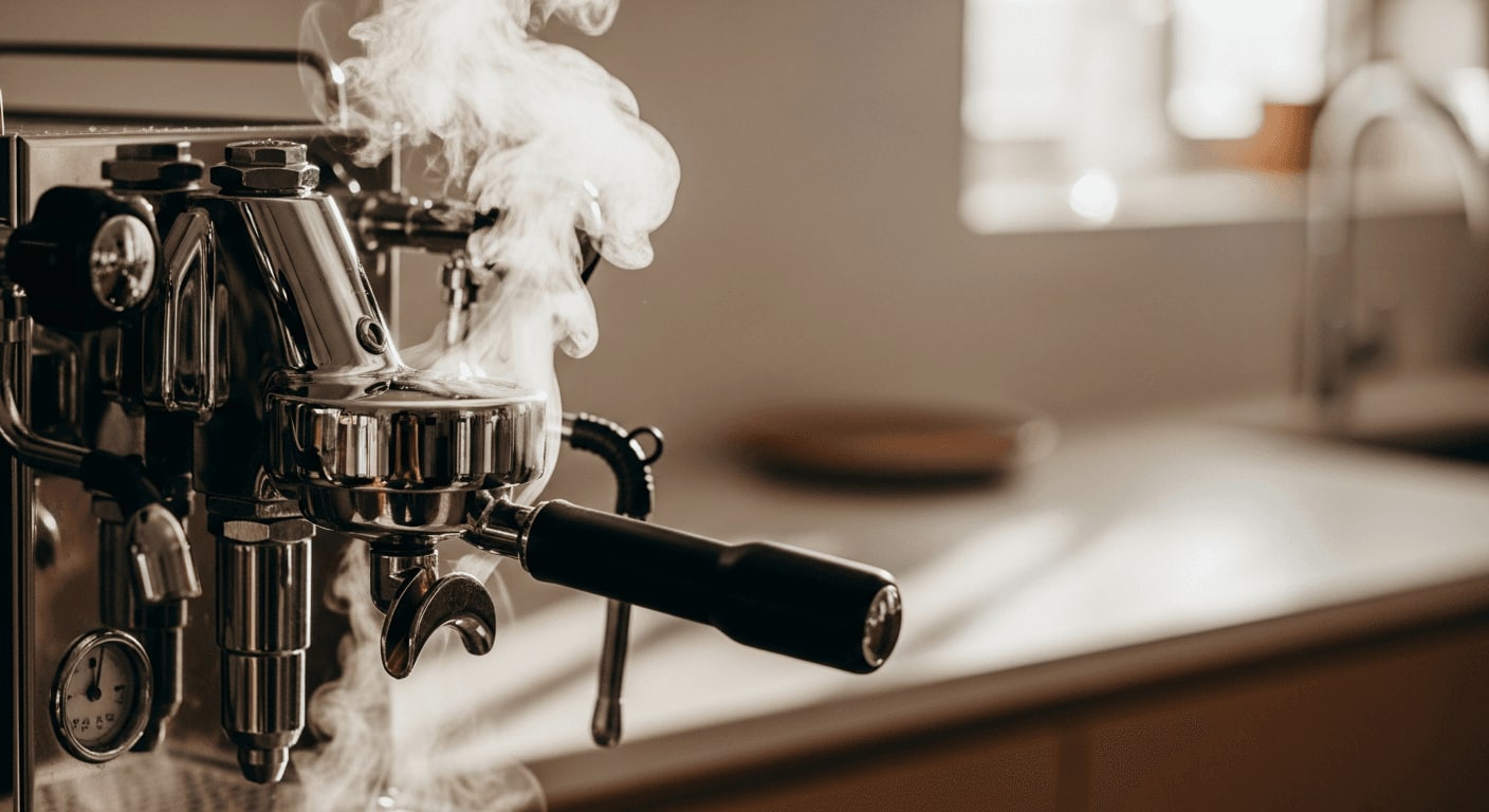 Dampf steigt von einer frisch gereinigten Espressomaschine auf, Edelstahloberfläche, minimalistischer Küchenhintergrund, Morgenlicht.