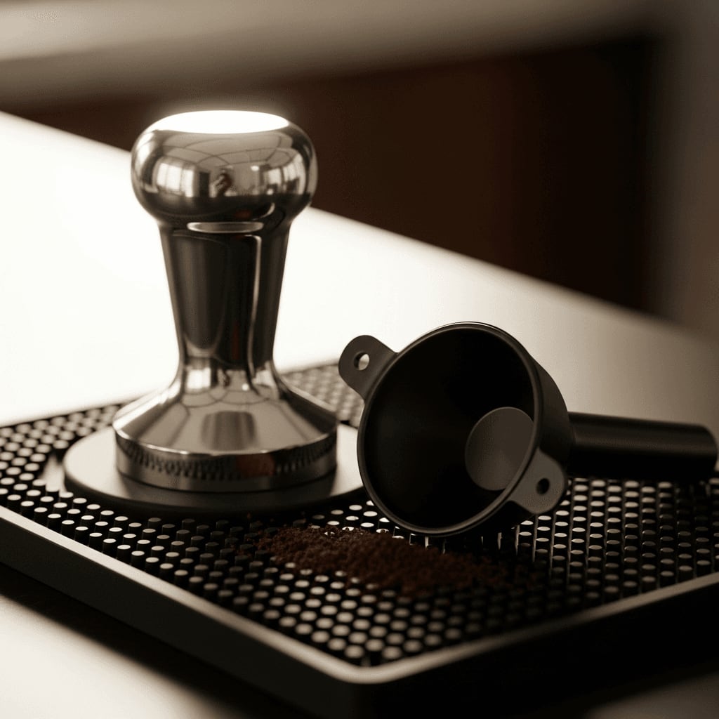 Hochwertiger Edelstahl-Tamper und Dosierring als sinnvolles Kaffeemaschinen-Zubehör für Einsteiger auf einer Tamping-Matte