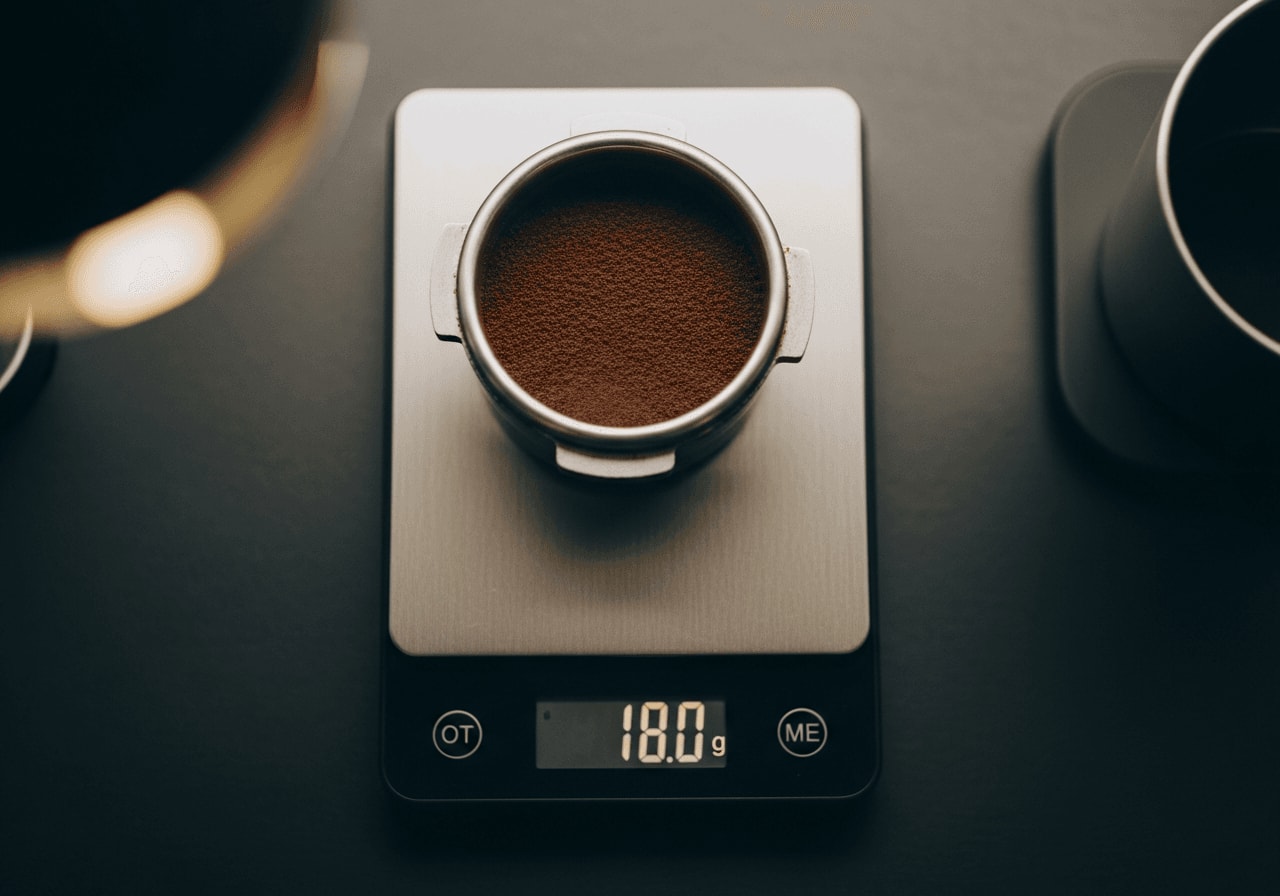 Digitale Kaffeewaage als unverzichtbares Kaffeemaschinen-Zubehör für Einsteiger beim Abwiegen von 18 Gramm Espressopulver