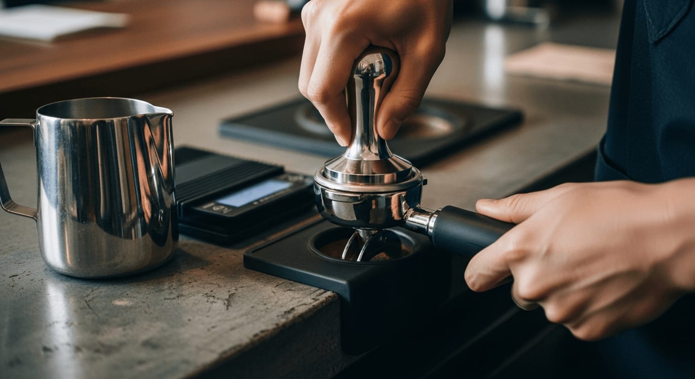 Kaffeemaschinen-Zubehör für Einsteiger: Barista-Hände beim Tampen von Espressopulver auf einer Beton-Arbeitsplatte