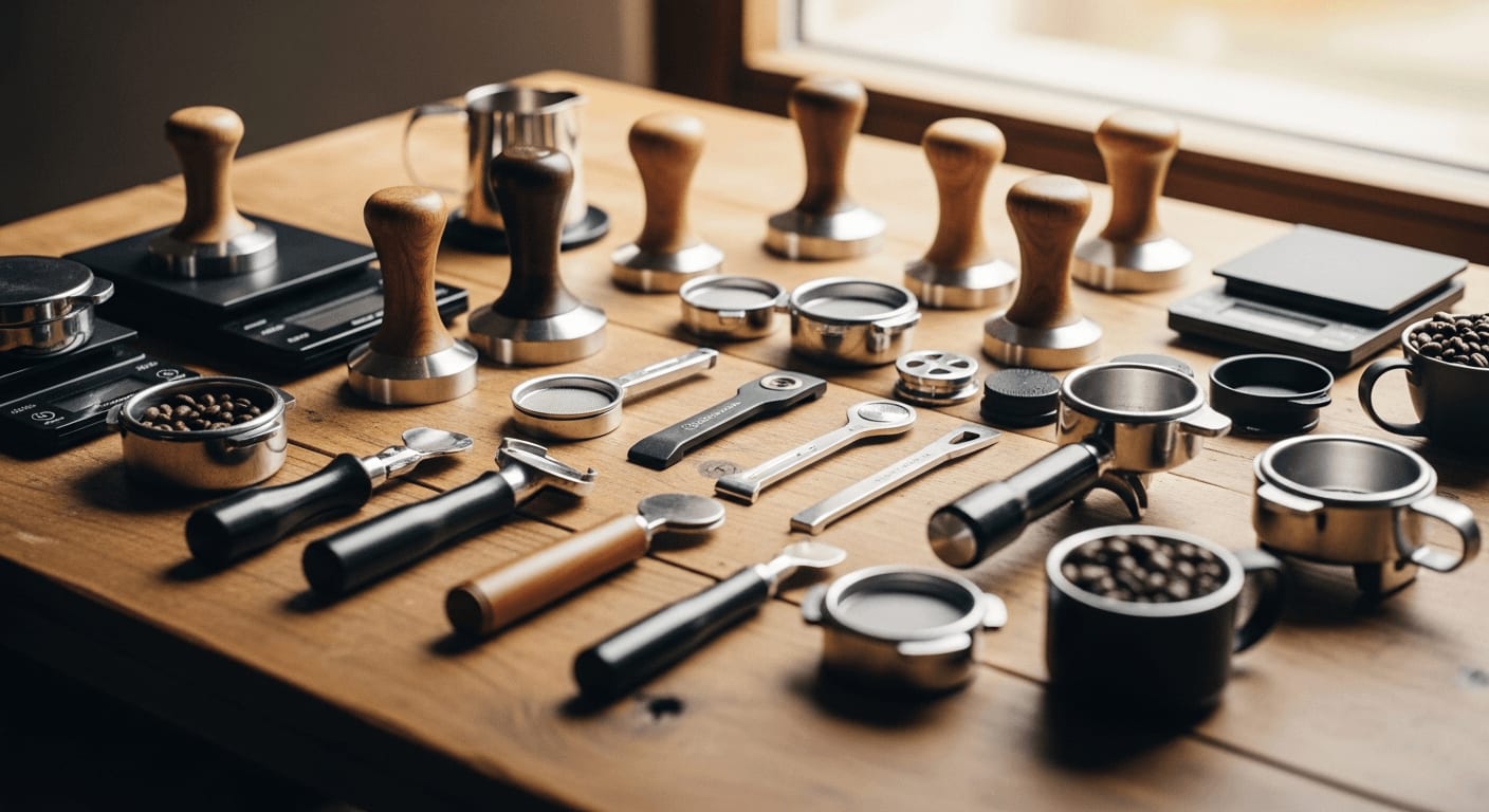 Die große Auswahl an Kaffeemaschinen-Zubehör: Holztisch voller Tamper, Leveler, Puck Screens und Waagen für den Espresso.