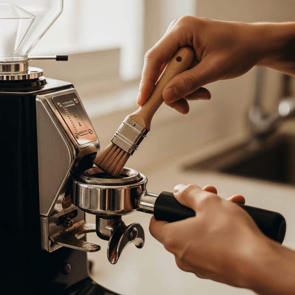 Kaffeemaschinen-Zubehör für die Reinigung: Eine Holz-Reinigungsbürste entfernt Kaffeereste von einer elektrischen Mühle.