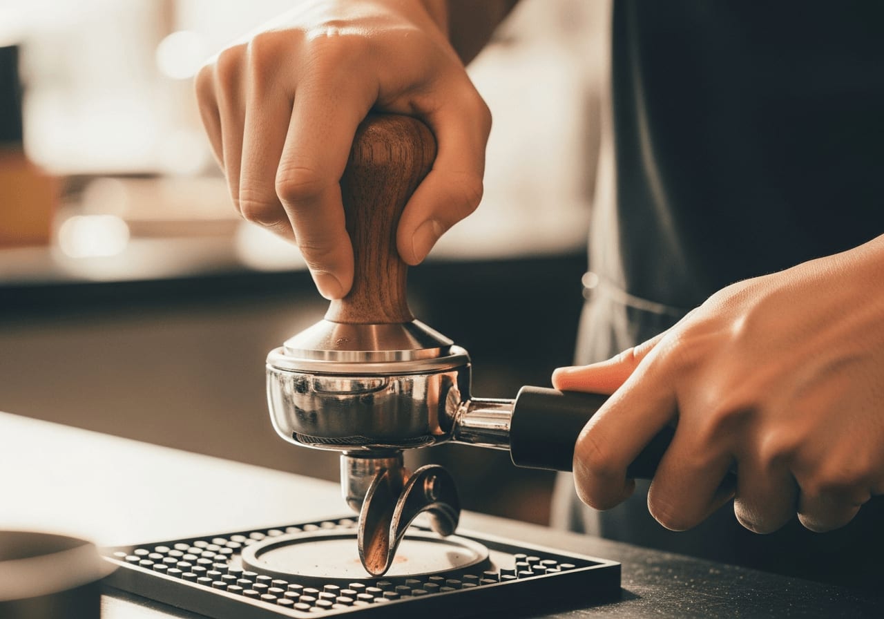 Unverzichtbares Kaffeemaschinen-Zubehör: Barista presst Kaffeepulver mit einem hochwertigen Edelstahl-Tamper im Siebträger an.