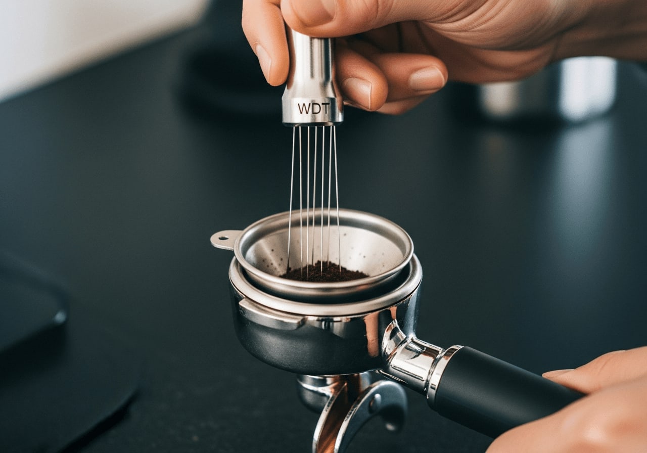 Sinnvolles Kaffeemaschinen-Zubehör gegen Channeling: WDT-Tool mit feinen Nadeln verteilt Kaffeepulver im Siebträger.